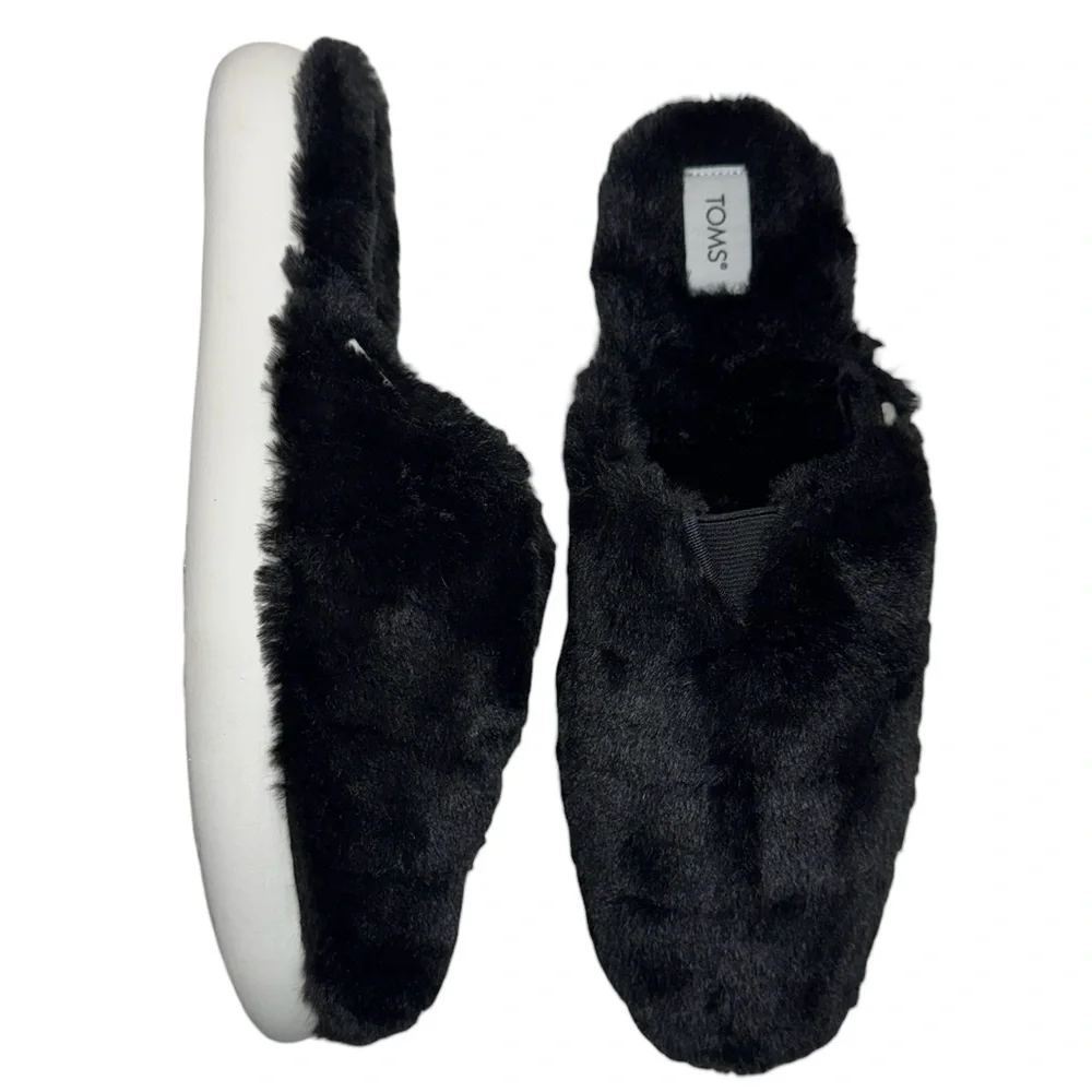 Toms Alpargata Mallow Mule Fluff Slippers Black Faux Fur Women's Size 10 NWOT - Picture 3 of 14